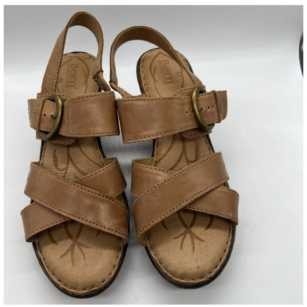 Born Tan Leather Wedge Sandals Womens 8M Slingback Buckle Platform Brown